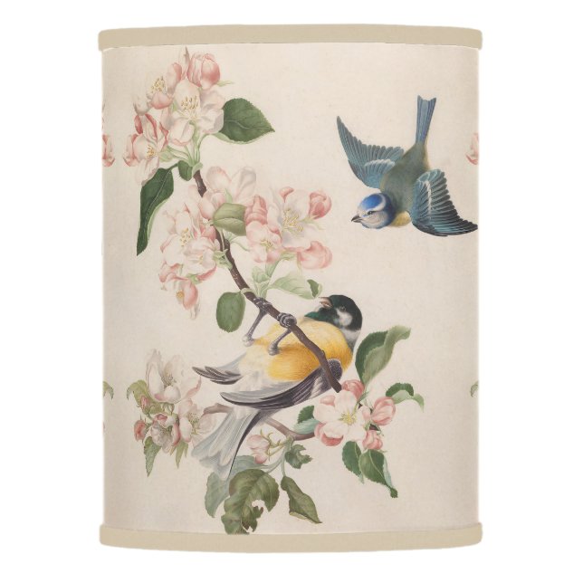 Two little birds near a branch of apple blossoms,  lamp shade (Front)
