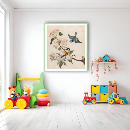 Two little birds near a branch of apple blossoms  poster