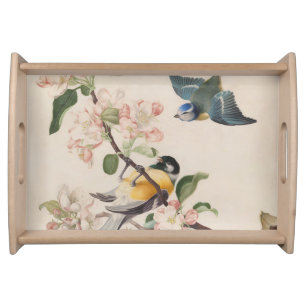 Two little birds near a branch of apple blossoms,  serving tray