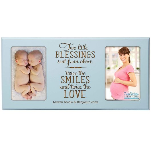 Two Little Blessings Cute Blue Wooden Photo Frame (Front)