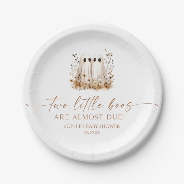 Two Little Boos Ghost Wildflower Twins Baby Shower Paper Plates (Front)