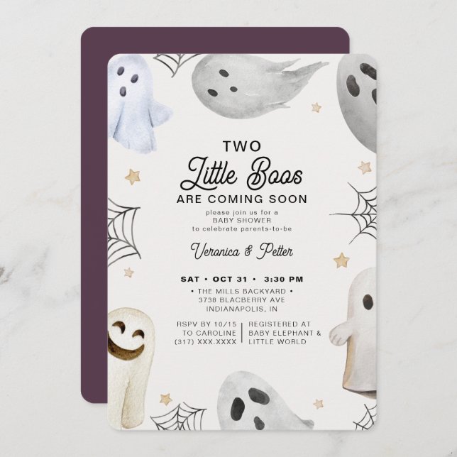 Two Little Boos Girl Twins Halloween Baby Shower Invitation (Front/Back)