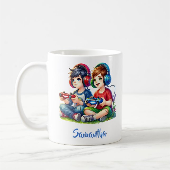 Two little boys playing video game headphones coffee mug (Left)