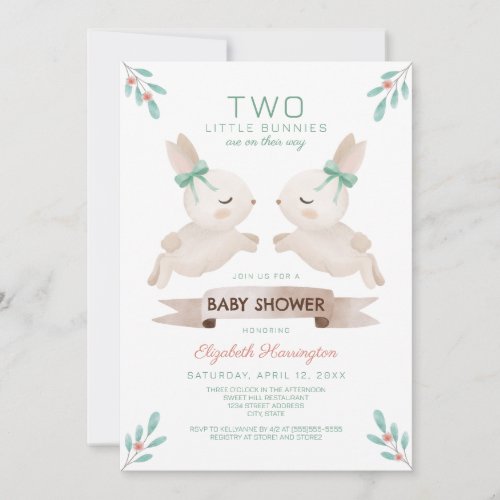 Two Little Bunnies Bunny Twin Baby Shower Invitation