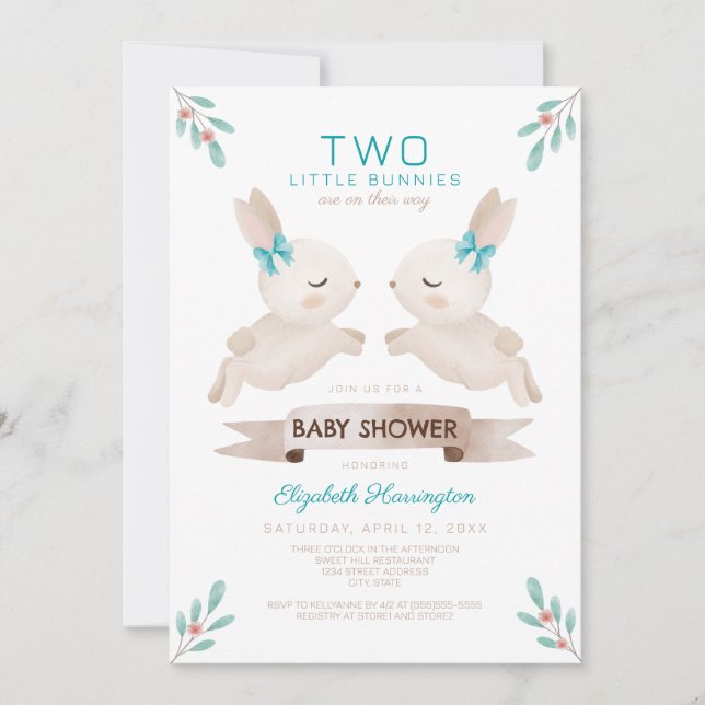 Two Little Bunnies Bunny Twin Boys Baby Shower Invitation (Front)