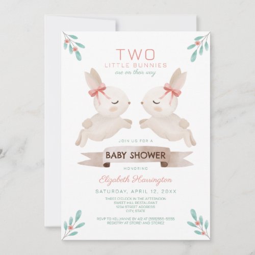 Two Little Bunnies Bunny Twin Girls Baby Shower Invitation