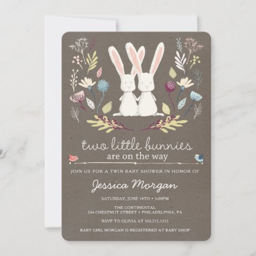 Two Little Bunnies Twin Baby Shower Invitation