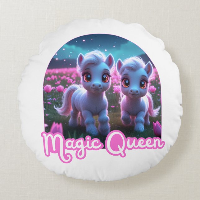 Two little cute ponies — Magic Queen Round Pillow (Front)