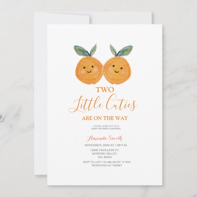 Two little cutie are on the way Citrus Orange Invitation (Front)