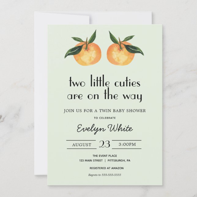 Two Little Cuties Are On the Way Twin Baby Shower Invitation (Front)