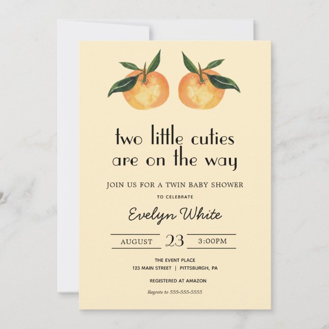 Two Little Cuties Are On the Way Twin Baby Shower Invitation (Front)