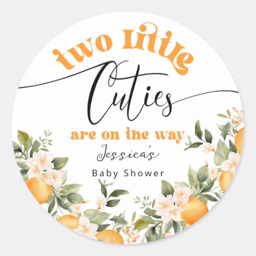 Two little cuties baby shower oranges classic round sticker