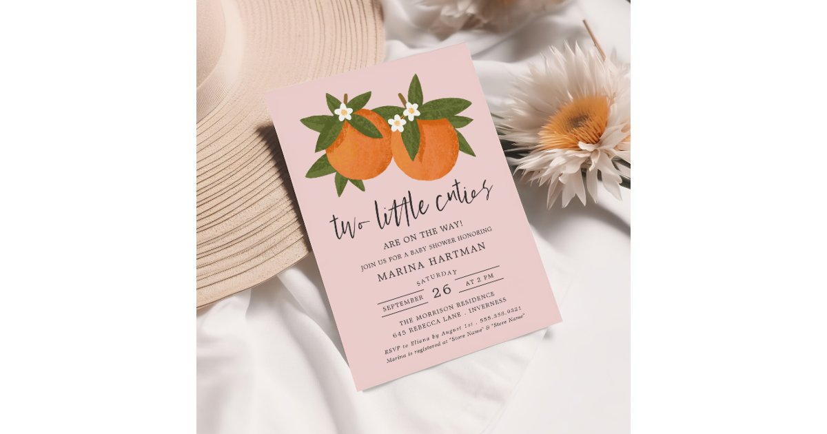 Two Little Cuties Orange Twin Baby Shower Pink Invitation