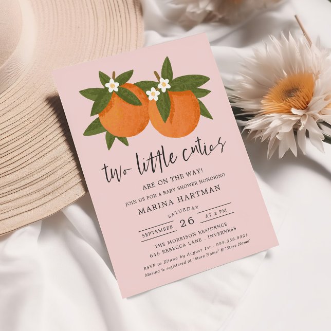 Two Little Cuties Orange Twin Baby Shower Pink Invitation (Creator Uploaded)