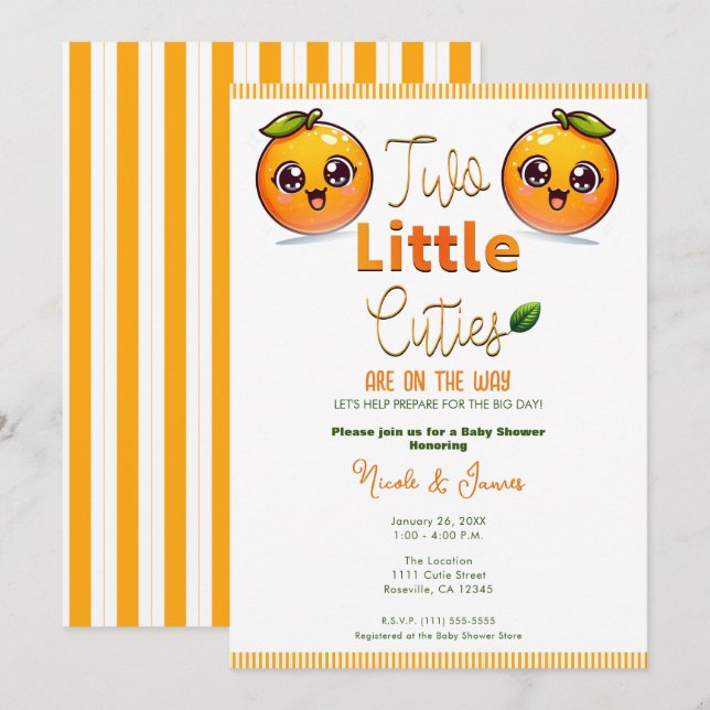 Two Little Cuties Orange Twins Baby Shower Invitation (Front/Back)