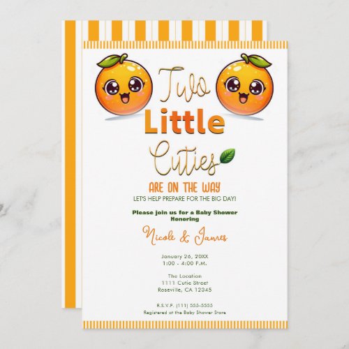 Two Little Cuties Orange Twins Baby Shower Invitation