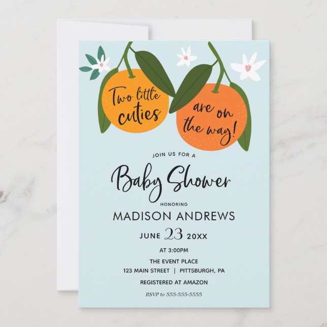 Two Little Cuties Twin Baby Shower Invitation (Front)