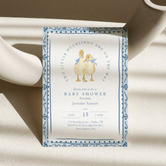 Two Little Ducklings Classic Boy Twins Baby Shower Invitation