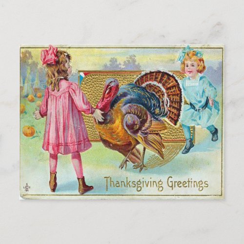 Two Little Girls Chasing a Turkey Thanksgiving Postcard