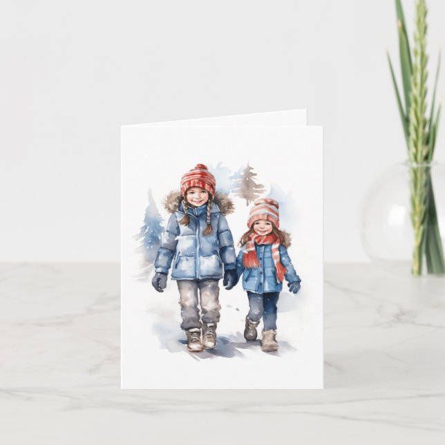 Two Little Girls Walking in the Snow. Blank Card (Front)