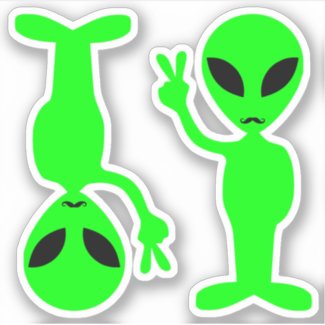 Two Little Green Mustachioed Hipster Peace Aliens Sticker