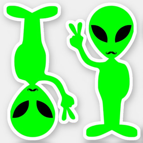 Two Little Green Mustachioed Hipster Peace Aliens Sticker