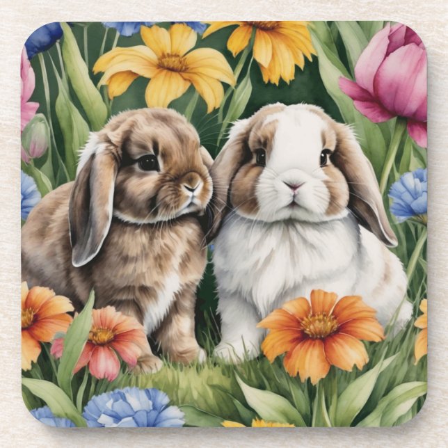 Two Little Lop Bunny rabbits set 6 Beverage Coaster (Front)