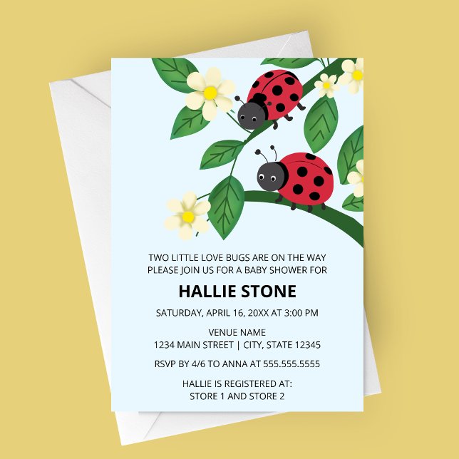 Two Little Love Bugs Ladybug Baby Shower Invitation (Two Little Love Bugs Ladybug Baby Shower Invite | Floral Garden Twin Shower Invitation)