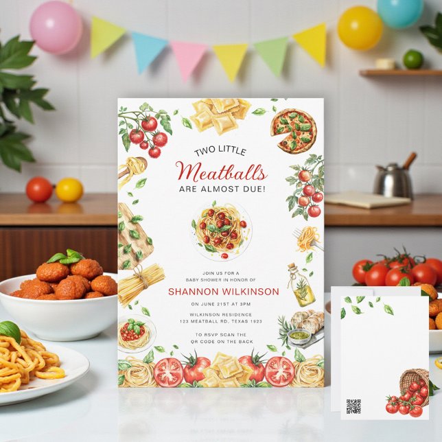 Two Little Meatballs Pasta Baby Shower QR code Invitation (Creator Uploaded)
