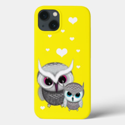 Two Little Owls and Hearts on Bright Yellow iPhone 13 Case