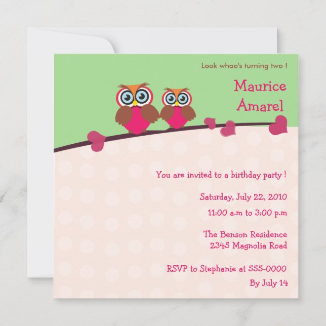Two Little Owls - Birthday party invite (Front)