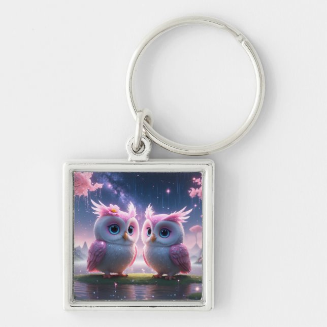 Two little owls in a dream world keychain (Front)