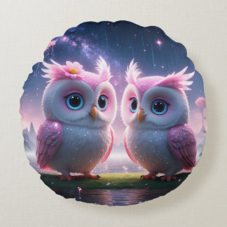 Two little owls in a dream world round pillow
