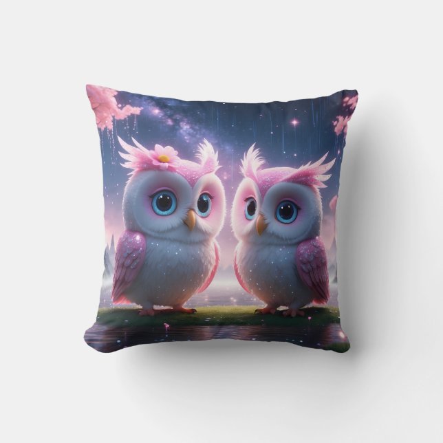 Two little owls in a dream world throw pillow (Front)