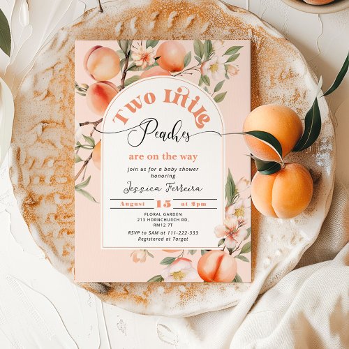 Two little peaches are on the way twins shower invitation