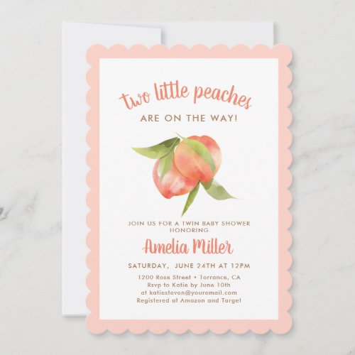 Two Little Peaches Twin Baby Shower Invitation