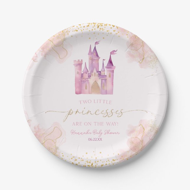 Two Little Princesses Castle Twins Baby Shower Paper Plates (Front)