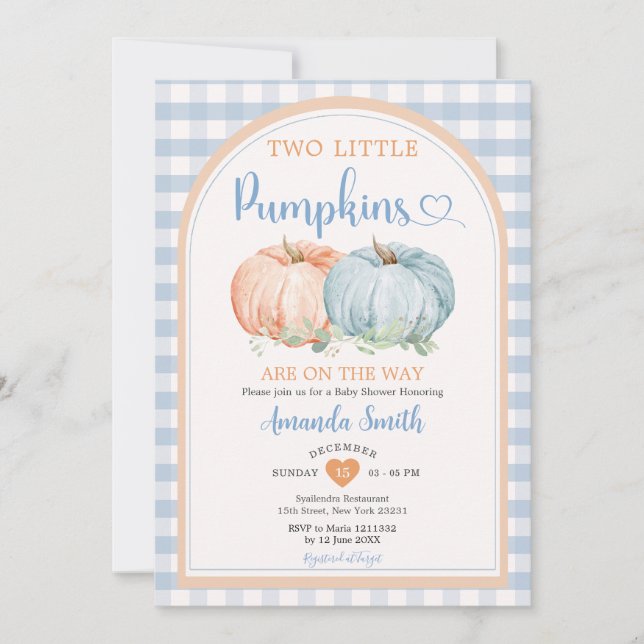 Two Little Pumpkin Blue Gingham Orange Baby Shower Invitation (Front)