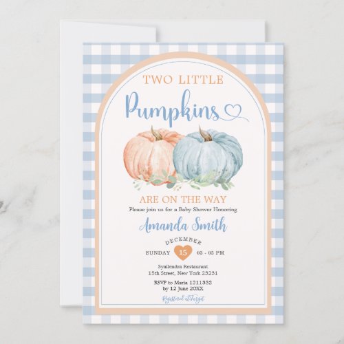 Two Little Pumpkin Blue Gingham Orange Baby Shower Invitation