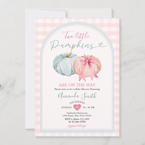 Two Little Pumpkin Blue  Pink Gingham Baby Shower Invitation