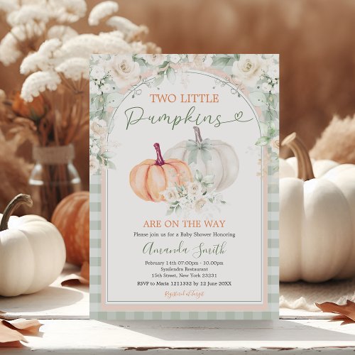 Two Little Pumpkin Sage Green  Orange Baby Shower Invitation