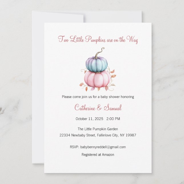 Two Little Pumpkins are on the Way, Baby Invitation (Front)