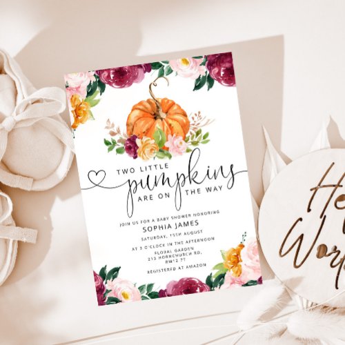 Two little pumpkins are on the way baby shower invitation