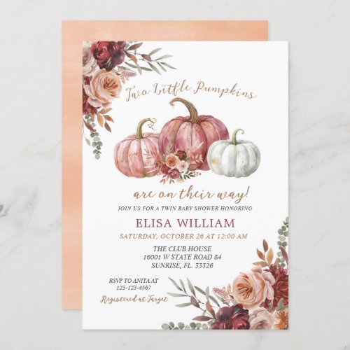 Two Little Pumpkins are on their way _ Twin baby  Invitation