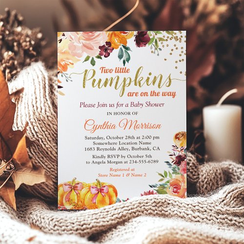 Two Little Pumpkins Autumn Twin Girl Baby Shower Invitation