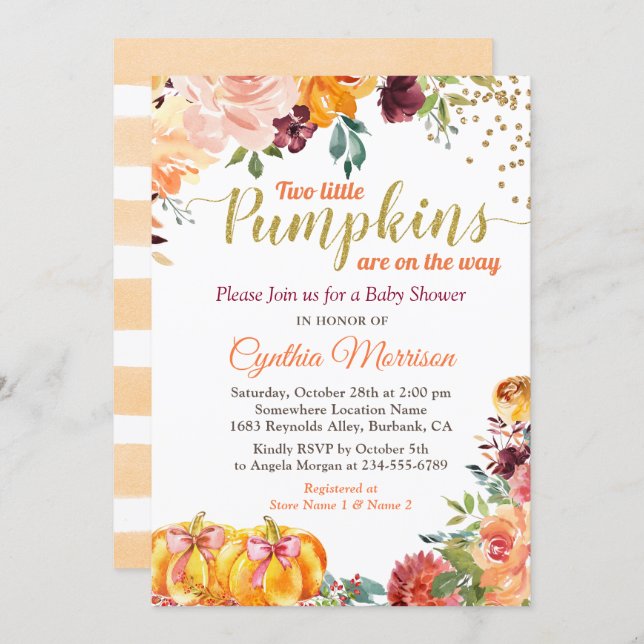 Two Little Pumpkins Autumn Twin Girl Baby Shower Invitation (Front/Back)