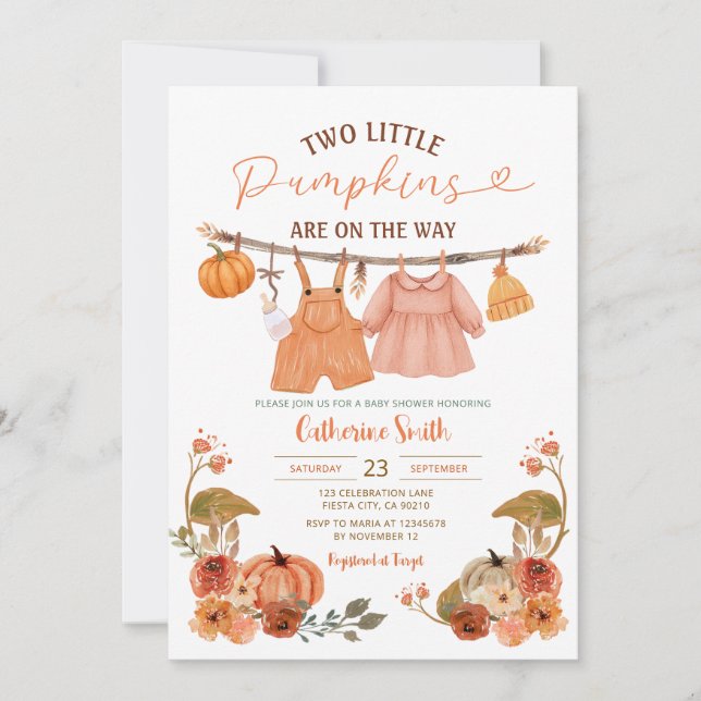 Two Little Pumpkins Baby Shower Clothesline Floral Invitation (Front)