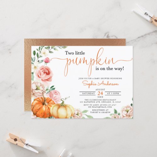 Two Little pumpkins fall floral Twins baby shower Invitation
