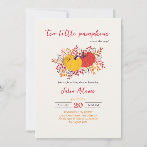 Two little Pumpkins fall twin baby shower Invitation