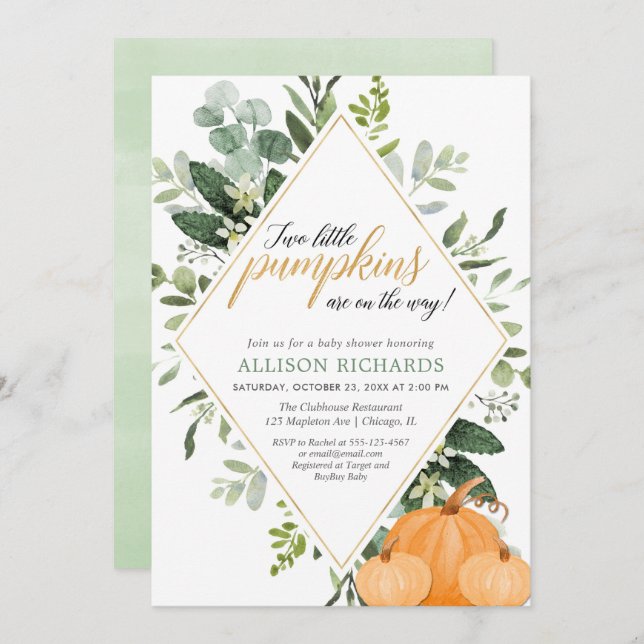 Two little pumpkins Fall twins baby shower Invitation (Front/Back)